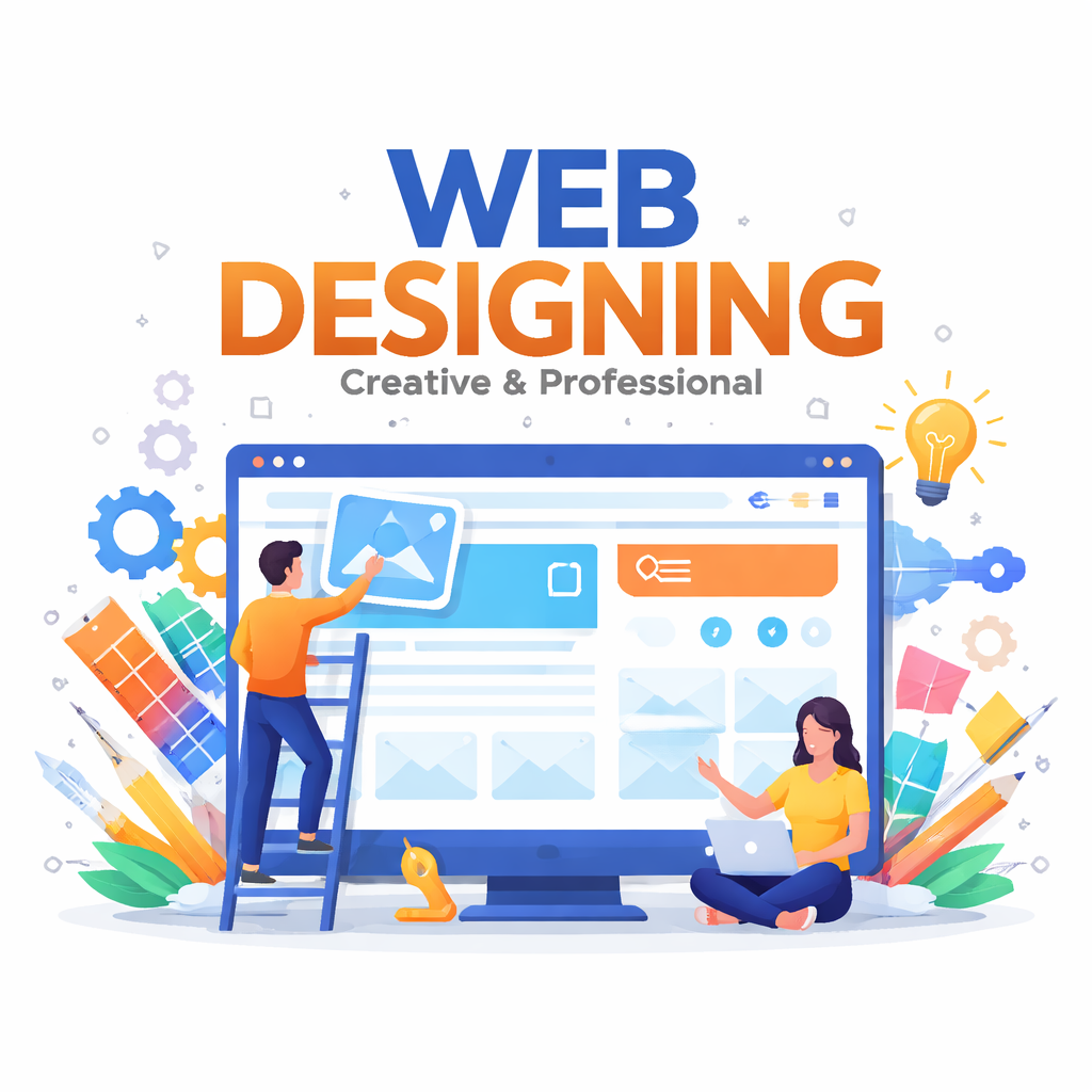 Modern web designing service illustration with UI/UX elements, responsive website layouts, and creative digital interface design