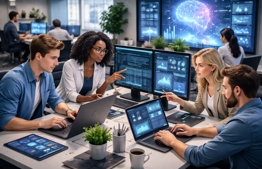Team of professionals working on AI and automation projects in a modern office environment