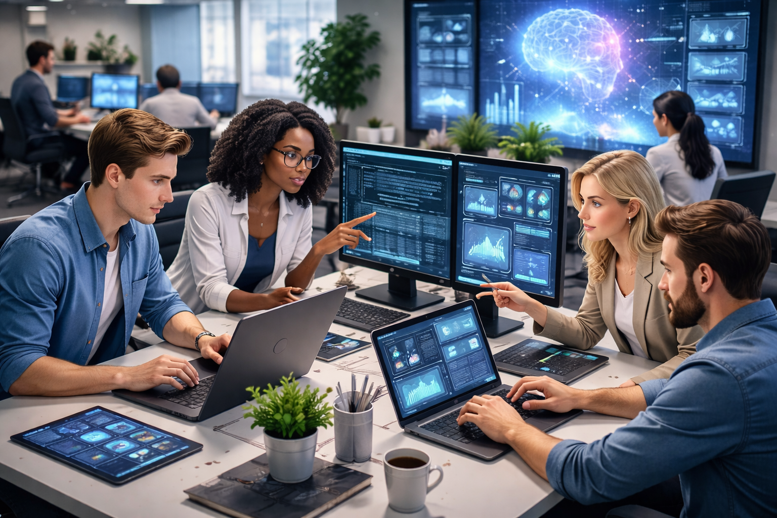 Team of professionals working on AI and automation projects in a modern office environment