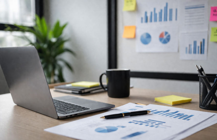 Performance marketing workspace with laptop analytics dashboard charts and business growth data