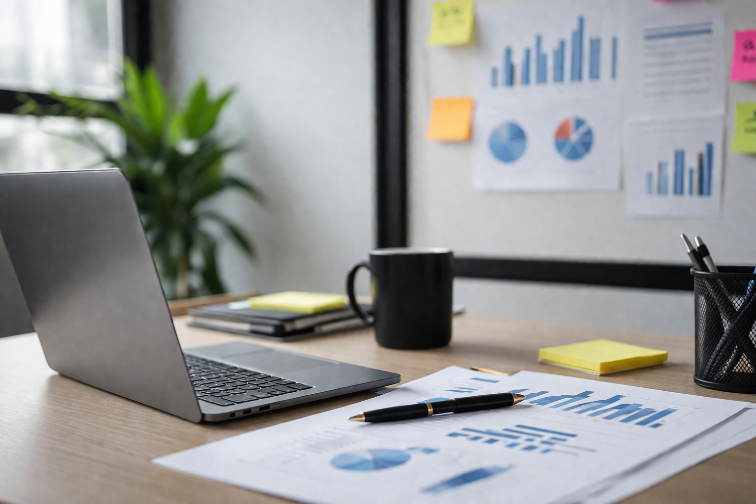 Performance marketing workspace with laptop analytics dashboard charts and business growth data