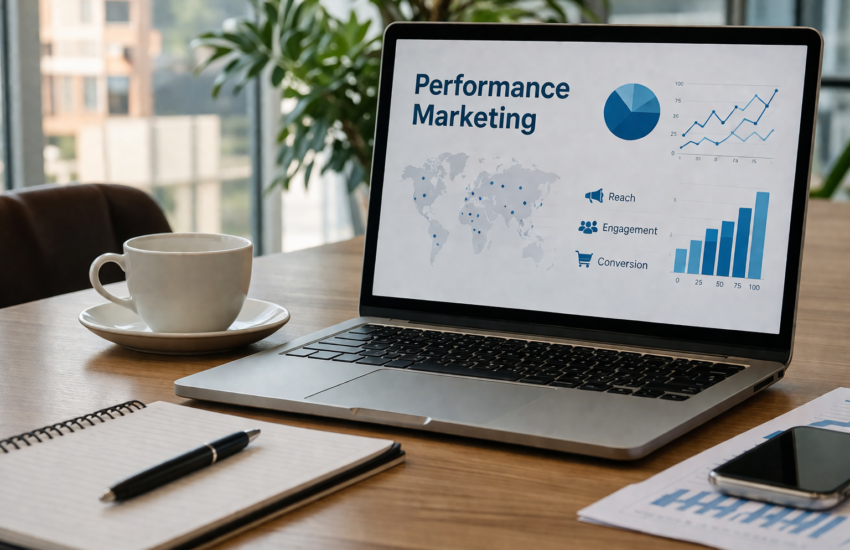 Performance marketing workspace with laptop analytics dashboard charts and business growth data