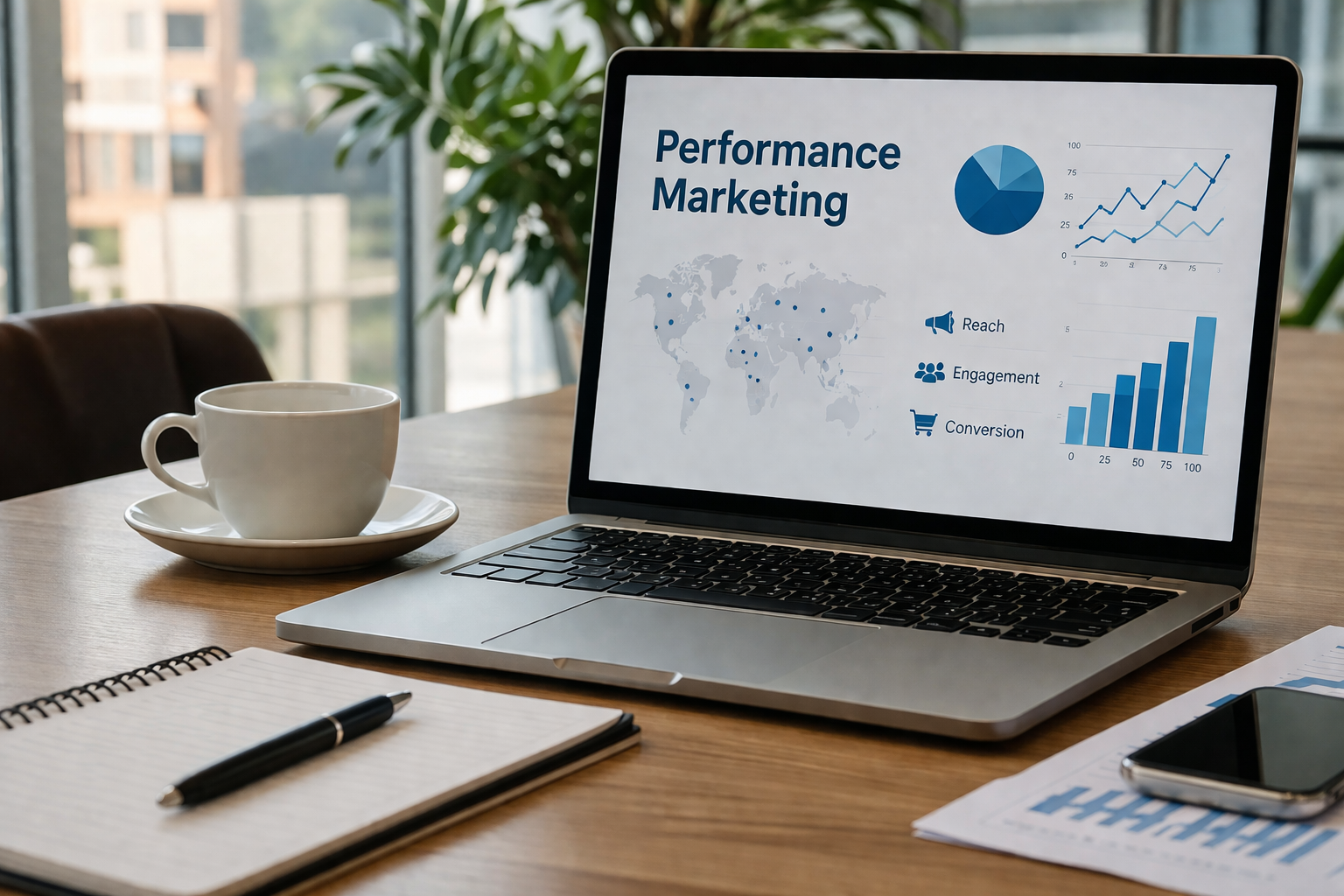 Performance marketing workspace with laptop analytics dashboard charts and business growth data
