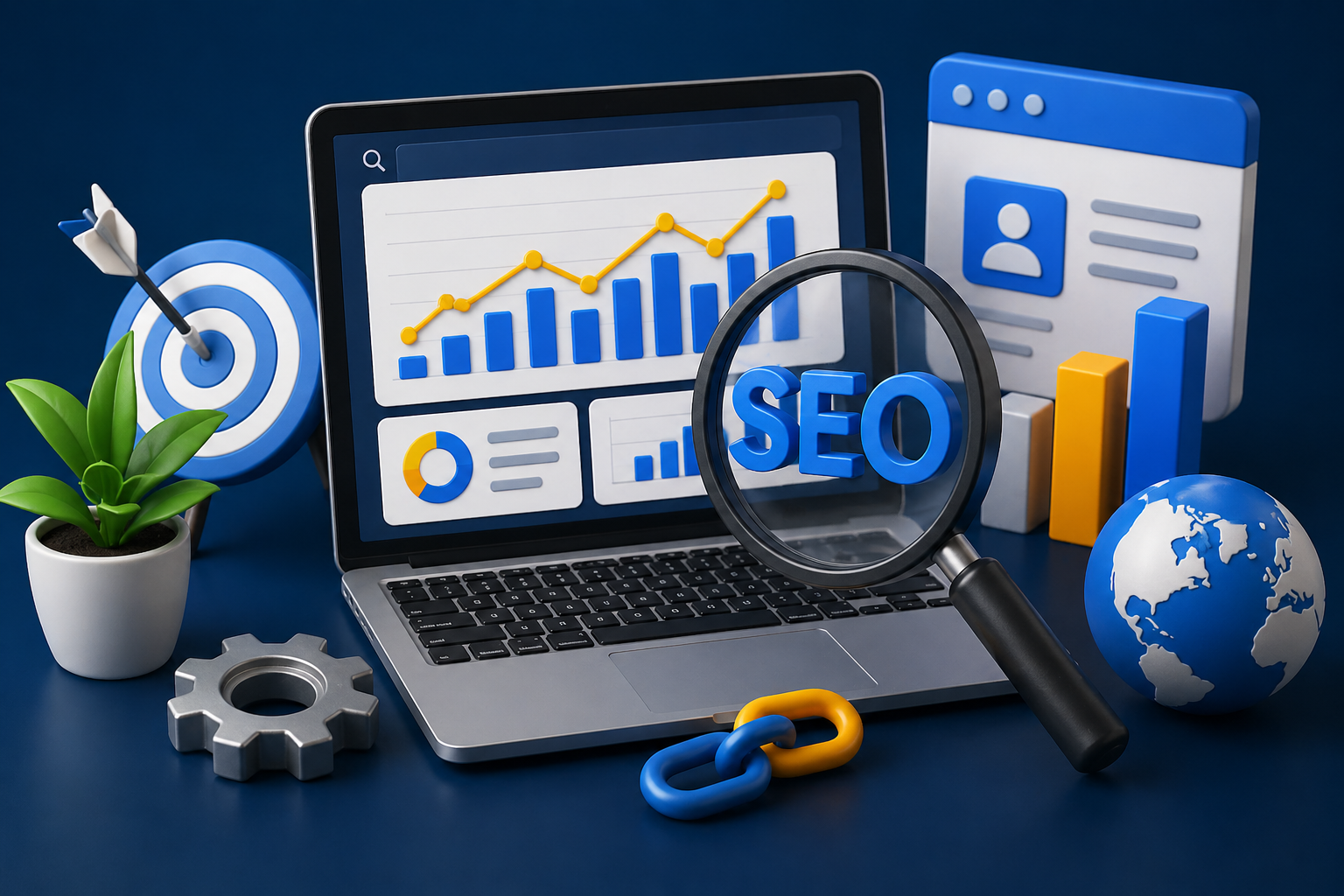 SEO services illustration with analytics dashboard, growth charts, and digital marketing elements