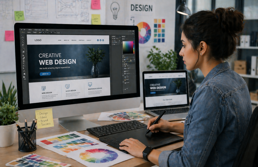 Web designing concept with developer creating responsive website on computer screen