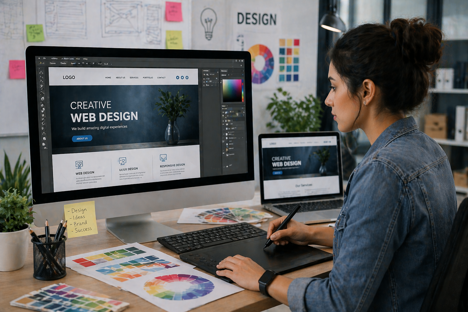 Web designing concept with developer creating responsive website on computer screen