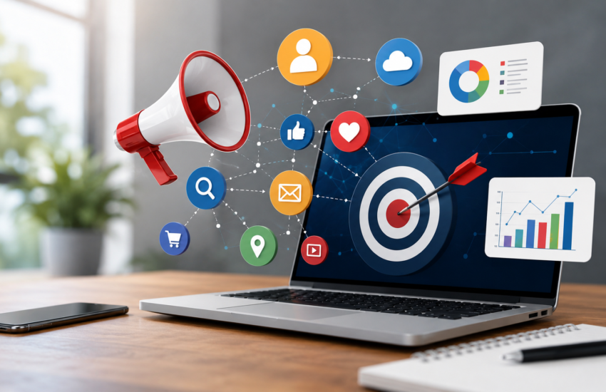 Digital marketing workspace with laptop, analytics charts, social media icons, and target strategy concept.