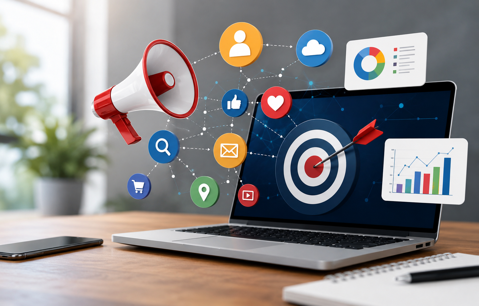 Digital marketing workspace with laptop, analytics charts, social media icons, and target strategy concept.