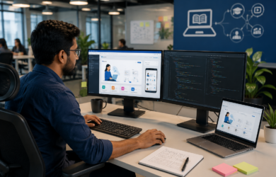 Online learning platform development in India with a student attending a virtual class on a laptop