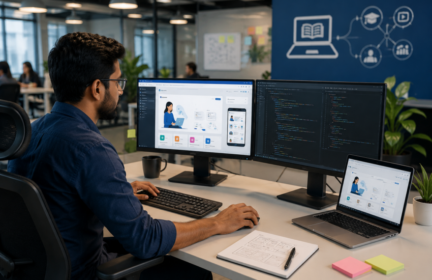 Online learning platform development in India with a student attending a virtual class on a laptop