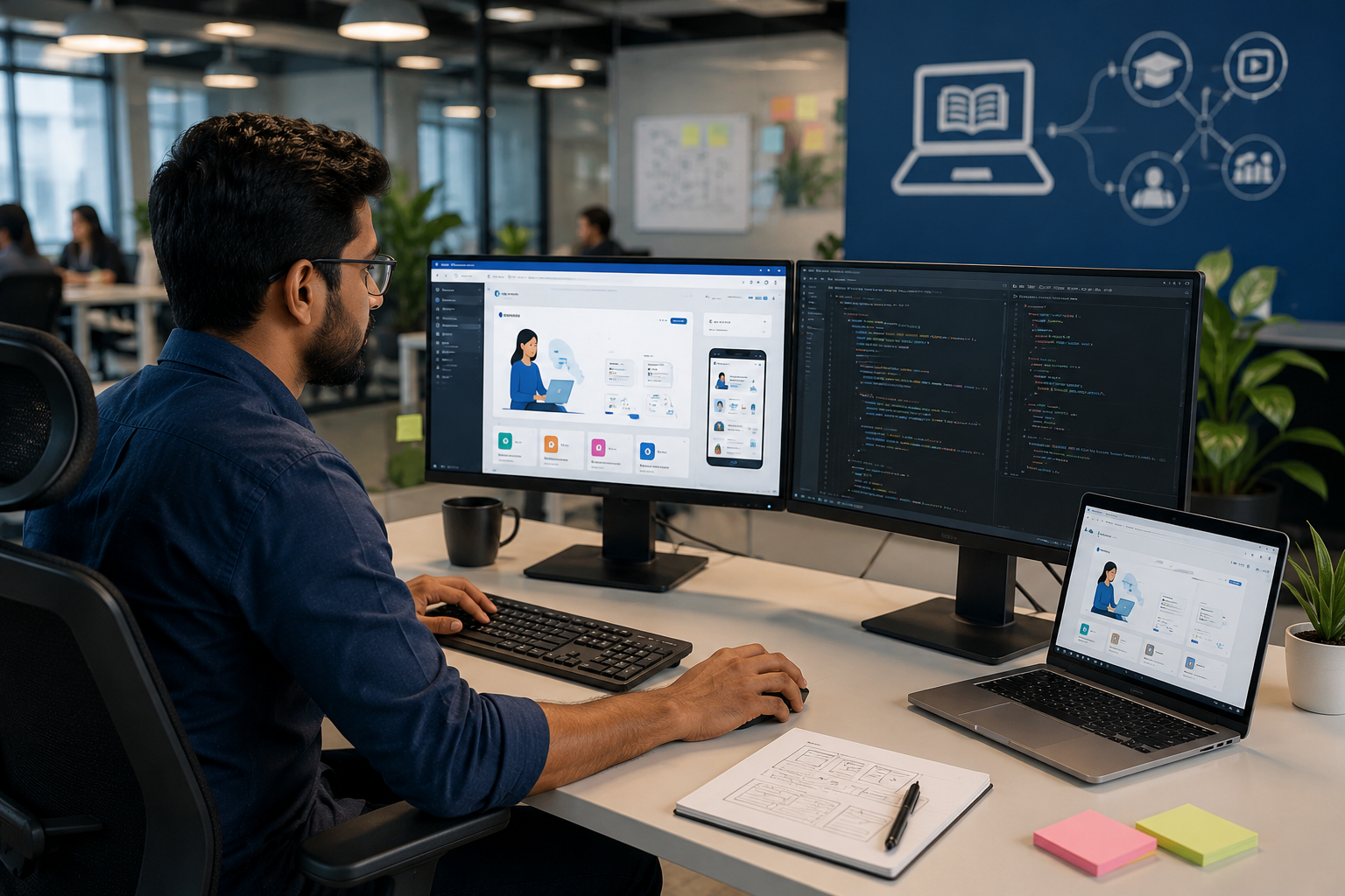 Online learning platform development in India with a student attending a virtual class on a laptop