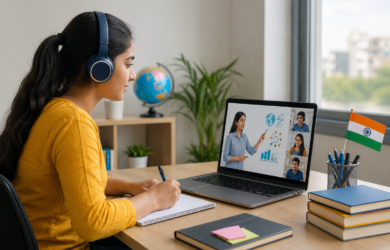 Online learning platform development in India with a student attending a virtual class on a laptop