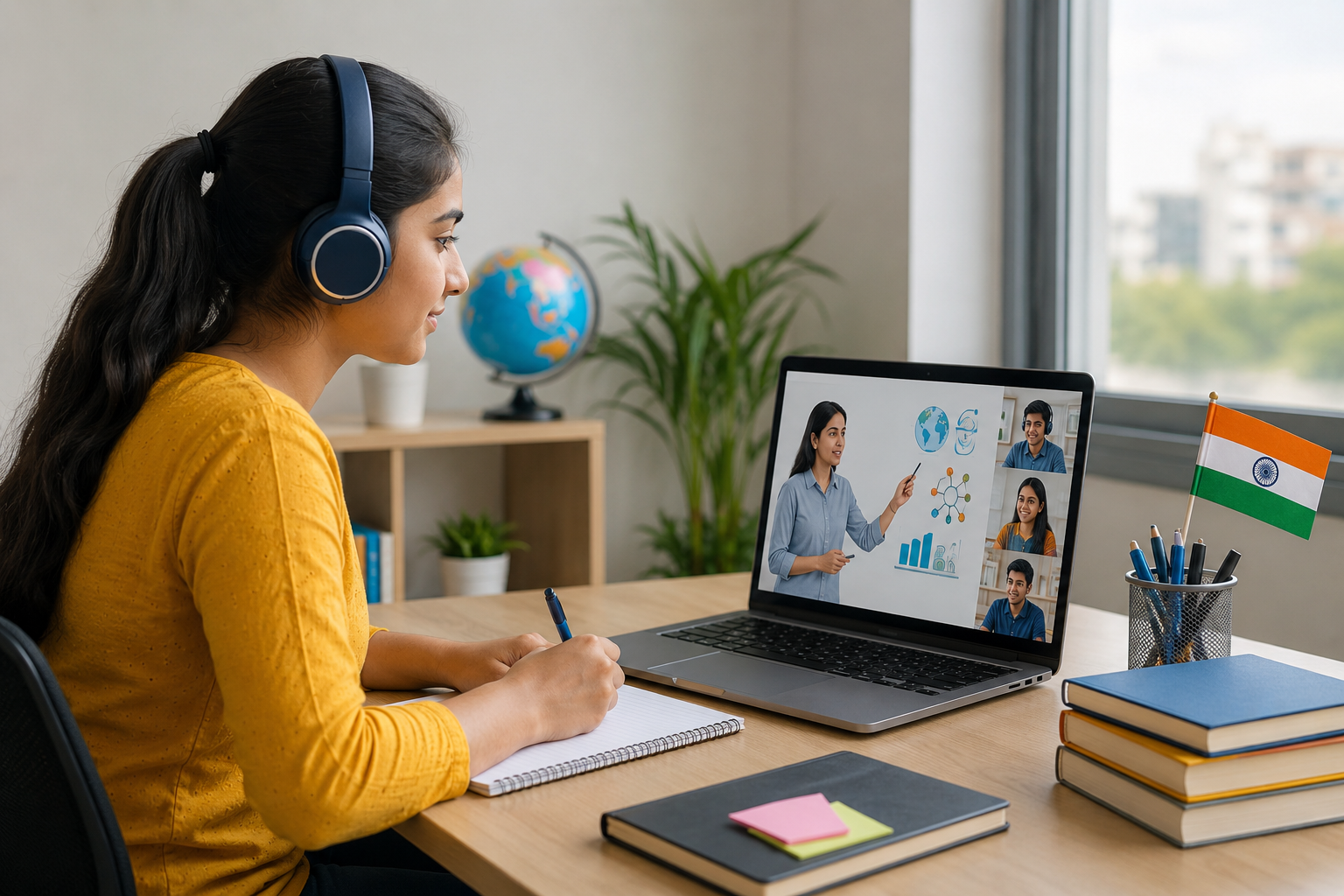 Online learning platform development in India with a student attending a virtual class on a laptop