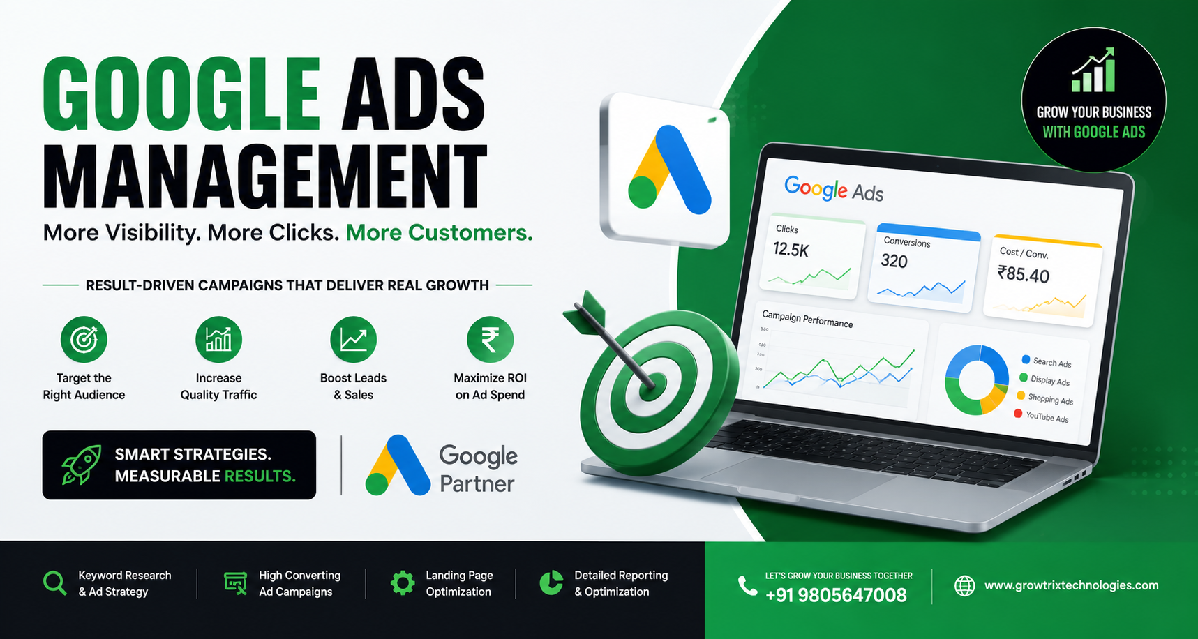 Google Ads management services by Growtrix Technologies for targeted campaigns, lead generation, and business growth.