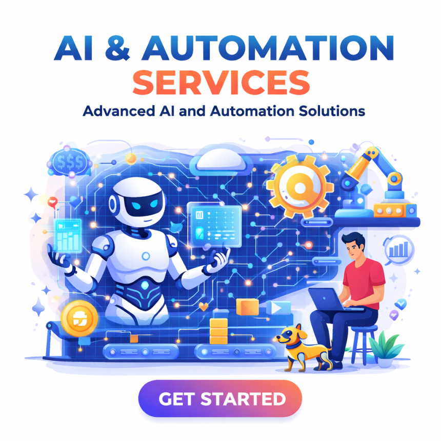 AI and Automation Services illustration showing a robot, automation gears, robotic arm, and developer working on advanced AI technology solutions.
