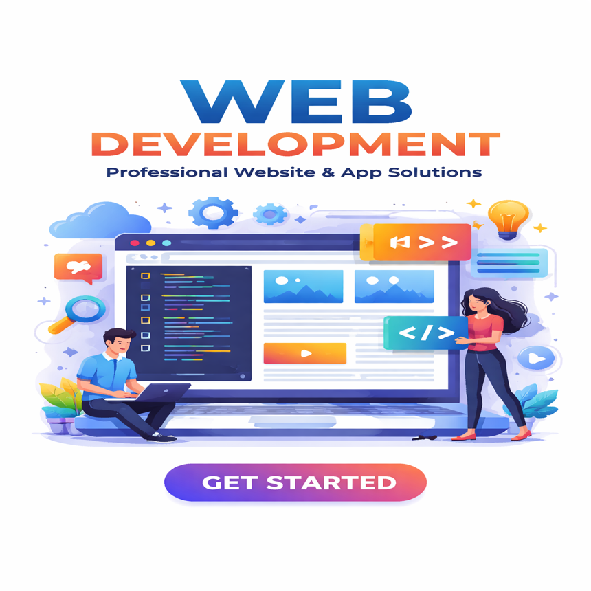 Web development service illustration showing website design, coding, and UI development